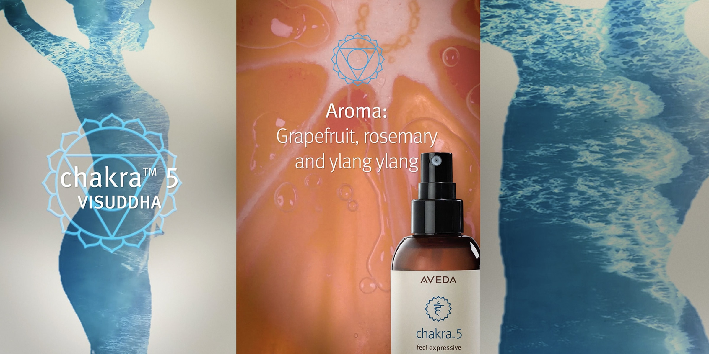 Chakra 5 aroma includesgrapefruit, rosemary and ylang ylang